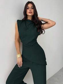 Firerie Khaki Minimalist Elegant Casual Commute Office Outfit: Sleeveless Asymmetric Ruched Waist Women's Blouse + Regular Ruched Wide Leg Women's Pants, Linen Commute Suit, Beach Outfits For Women, Airport Outfit, Vacation Outfits, Teacher Outfit - Teal Blue - View 6
