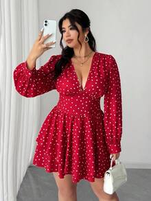 Elenzga Sexy Kleid mit tiefem V-Ausschnitt und Herz-Muster in Große Größen - Rot - Übersicht 3