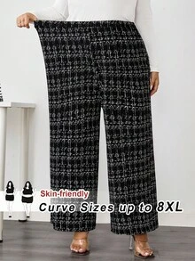 SHEIN CURVE+ 大码女式优雅格子印花弹力针织裤，适合各种场合，适合优雅的日常通勤、商务休闲/秋冬 - 彩色 - 查看 1