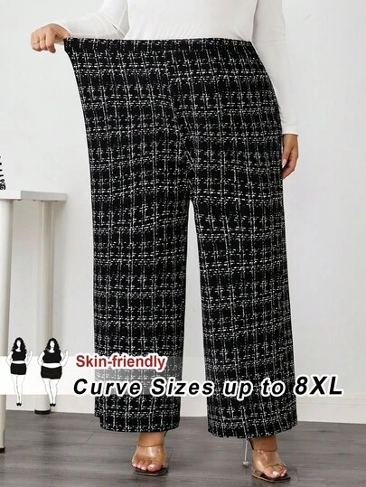 SHEIN CURVE+ Pantalones de punto elásticos con estampado de cuadros para mujer de talla grande, adecuados para diversas ocasiones, ideales para un elegante trayecto diario, casual de negocios/otoño/invierno