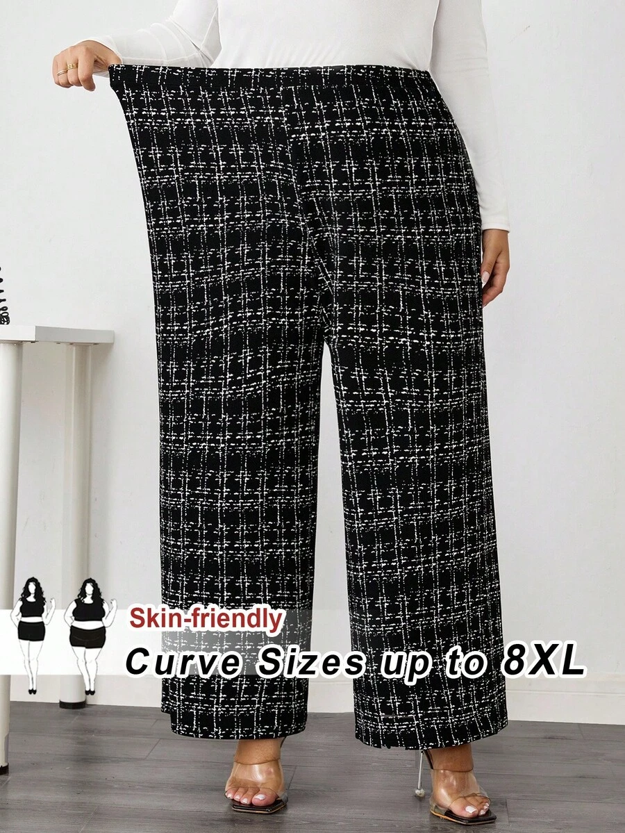 SHEIN CURVE+ 大码女式优雅格子印花弹力针织裤，适合各种场合，适合优雅的日常通勤、商务休闲/秋冬 - 彩色 - 查看 1