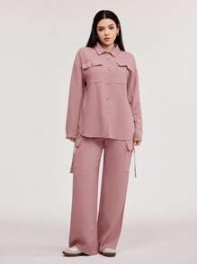 Veilorie 1set Women Casual Shirt And Cargo Pocket Pants Suit - Pink - View 4