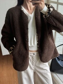 DAZY Cardigan oversize con bottoni in morbido tessuto, giacca da donna per autunno/inverno - Castano - Visualizzare 1