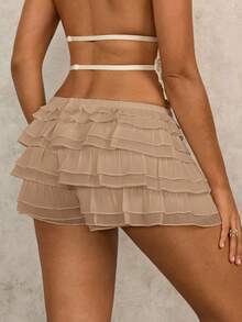 Swim Glamine 女士时尚休闲松紧腰荷叶边下摆连体衣 - 卡其色 - 查看 2