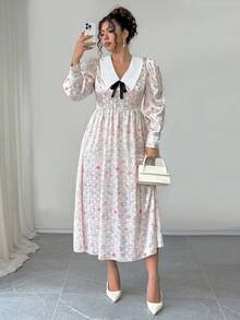 Elenzga Vestido de satén con estampado texturizado de talla grande, vestido con cuello de contraste de manga larga y puño de camisa, vestido elegante y ajustado de línea A para el té de la tarde que estiliza la cintura - Multicolor - Ver 3