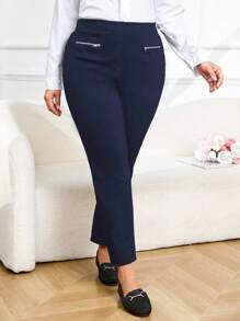 Plus Size Solid Color Zipper Casual Versatile Pants - Navy Blue - View 1
