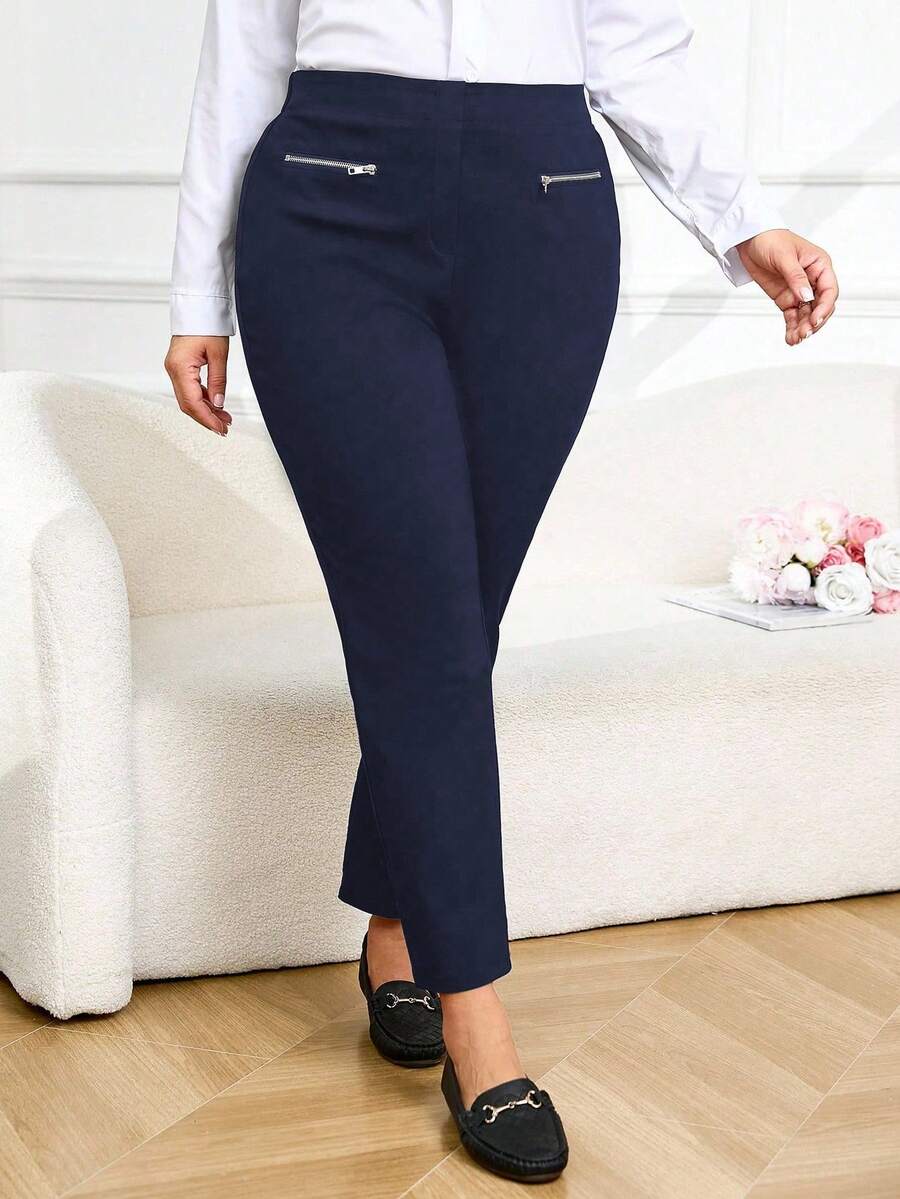Plus Size Solid Color Zipper Casual Versatile Pants - Navy Blue - View 1