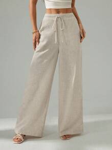 SHEIN EZwear Plus Size Casual Loose Straight Leg Linen Pants Wide Leg Linen Pants Loose Linen Pants
