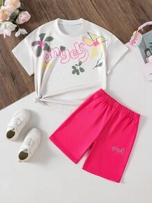 Explorewe Young Girl Summer Casual Floral & Letter Print T-Shirt And Shorts Set - White - View 1