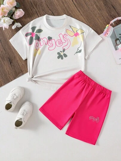 Explorewe Young Girl Summer Casual Floral & Letter Print T-Shirt And Shorts Set