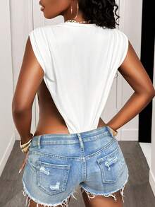 BamGleam 女式性感白色圆领无袖开衩紧身衣 - 白色 - 查看 2