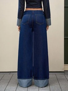 Jeanoix 女式休闲水洗低腰阔腿牛仔裤 - 藍色 - 查看 2