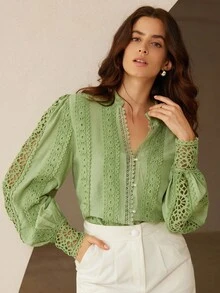 Aveloria Rosie Romantic French Style Lace Patchwork Women Blouse, V-Neck Lantern Sleeve Hollow Embroidered Long Sleeve Shirt Fall Cloth For Women