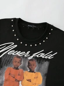 ROMWE MEN Street Life Men's Sparkling Diamond Portrait Print Long Sleeve T-Shirt, Fall - Black - View 7