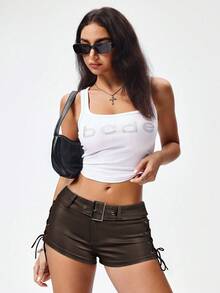 Jeanoix Shorts con hebilla y cinturón, pantalones cortos de moda para el verano - Marrón Chocolate - Ver 5