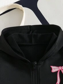 1pc Girls Zip-Up Hooded Long Sleeve Jacket, Butterfly Embroidery Decor On Back & Sleeves Fall Winter - Black - View 7