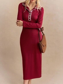 Écloséra Casual Slim Fit Autumn French Retro Lapel Long Sleeve Wine Red Dress Women Dress Ladies Autumn Matching Autumn Dress Women's Casual Dress - Burgundy - View 6