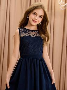 Girls' Sleeveless Lace Chiffon Dress, Big Tween Girl Long Chiffon Sister Dress, Holiday Party Princess Gown - Blue - View 8
