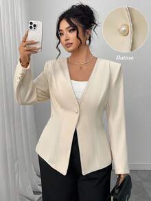 Elenzga Plus Size Single-Breasted Cinched Waist Casual Jacket, Suitable For Daily Commute, Autumn Winter Fall - Apricot - View 1