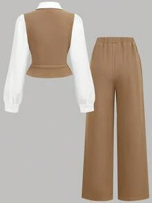 SHEIN Girlism 少女衬衫套装 拼布双排扣翻领衬衫和纯色裤子 休闲套装 棕色套装 全套服装 棕色背心套装 女士套装 休闲正装 - 駝色 - 查看 2