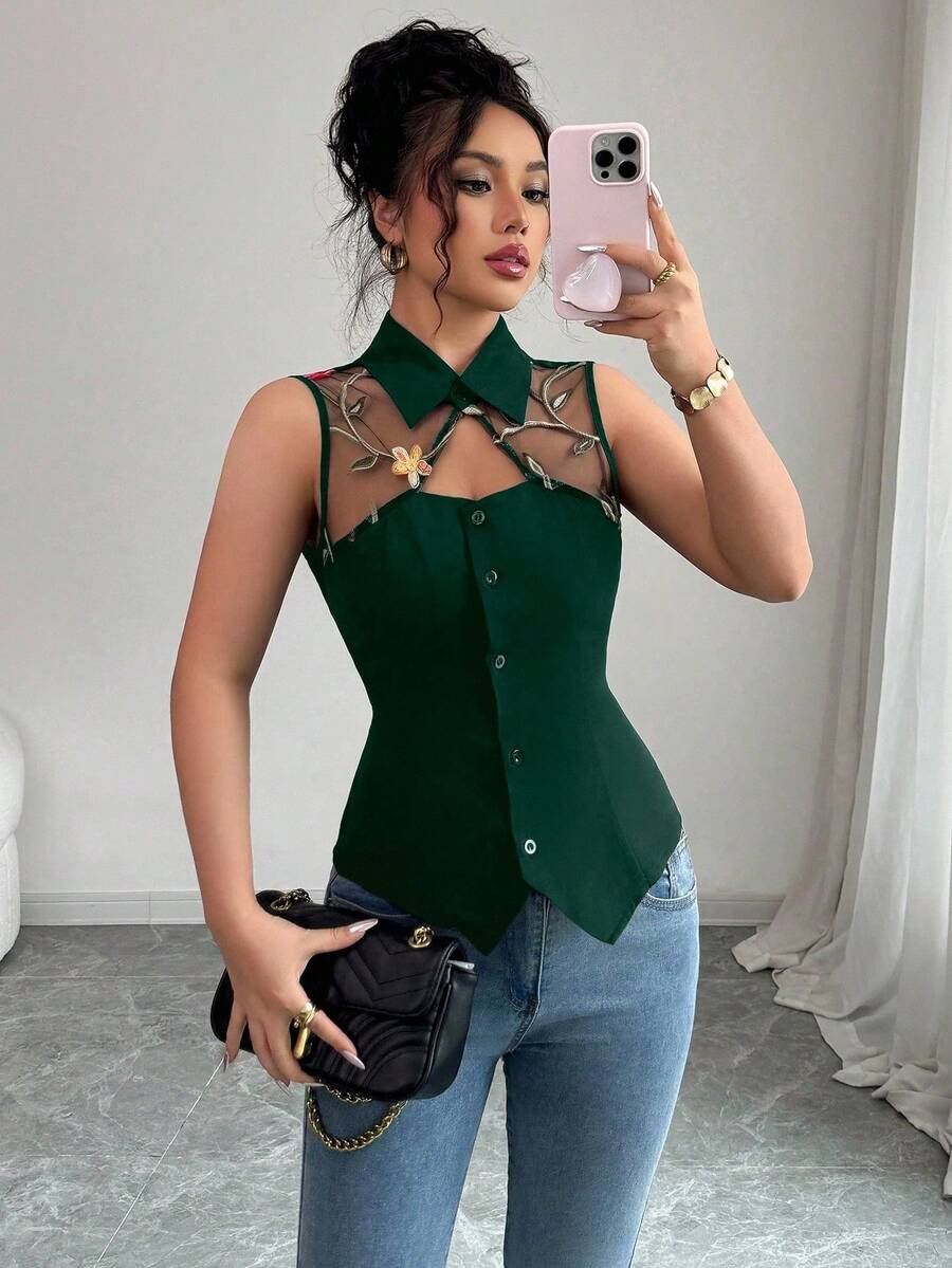 Elenzga Áo sơ mi nữ thường ngày họa tiết hoa hồng 3D lưới đen mới mùa hè (In ngẫu nhiên) - Màu xanh lá cây đậm - Xem 1