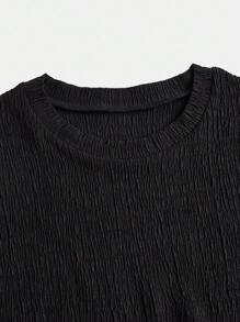 SHEIN Tween Girl' Simple Elegant Ruched Textured & Solid Woven Elastic Long Sleeve Dress,Holiday,Summer,Travel - Black - View 3