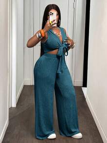 Slaydiva 2025 新款春夏大码女装复古西部/热带/音乐节/俱乐部/公路旅行/休闲/城市度假/毕业约会/优雅度假/日常基本款两件套 - 无袖短款系带上衣和高腰阔腿裤（带口袋） - 水鴨藍 - 查看 6