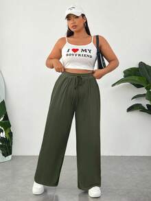 SHEIN EZwear 大码女装夏季军绿色冰丝超薄清凉功能针织罗纹面料亲肤顺滑不粘面料纯色休闲运动基础裤带口袋，前抽绳松紧腰带，高腰修身直筒宽松长裤 - 軍綠色 - 查看 4