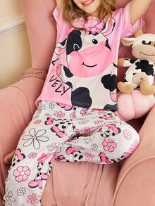 Tween Girl Cute Cartoon Cow Print Short Sleeve Pajama Set - Multicolor - View 5