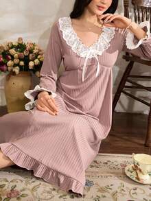 女士优雅荷叶边撞色蕾丝法式长袖睡袍睡裙，秋季 - 藕粉色 - 查看 4