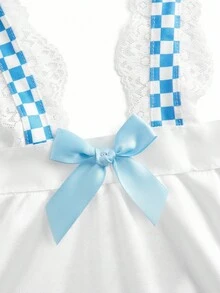 Fantasy Costume Bộ đồ ngủ ca rô, nhún bèo, nhún bèo, khoét rỗng, ngọt ngào, tối giản gợi cảm, váy ngủ hai dây gợi cảm + quần lọt khe + tất lưới cao đến đùi gợi cảm, bộ đồ ngủ gợi cảm cho nữ - Màu xanh lam - Xem 5