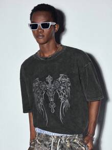 MODCRASH 男士夏季翅膀印花圆领落肩袖休闲做旧水洗T恤，街头风，哥特风，图案T恤，春夏款 - 黑色 - 查看 2