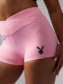 Missguided x Playboy High Waisted Athletic Compression Workout Shorts Performance Exercise Active Wear Running Gym Biker Shorts Cross Over Waistband - Pink - View 3