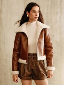 Anewsta Chaqueta corta de mezcla de piel sintética brillante marrón y lana, con adorno de piel elegante, adecuada para otoño, invierno, salidas, elegante, chic, formal