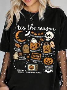 大码女式休闲万圣节街头风格卡通骷髅图案落肩宽松T恤 - 黑色 - 查看 3