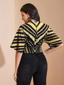 JIAN LASALA Striped Print V-Neck Batwing Sleeve Ruched Waist Women Top Autumn Casual Wear Fall For Women Going Out Party Top New Year Wedding Guest Luxury - Multicolor - View 2