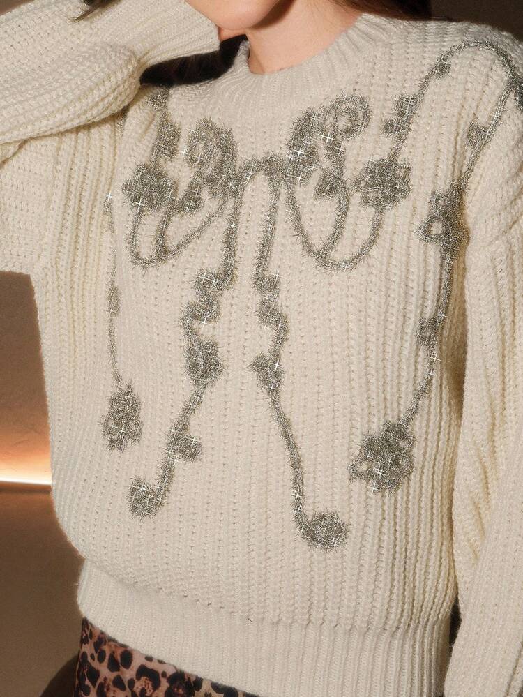 Maillard Color Autumn/Winter New Embroidered Knit Sweater, Women's Casual Loose Pullover Sweater, Elegant, Chic, Suitable For Fall, Autumn, Winter, New Year, Christmas