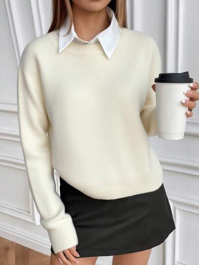 EMERY ROSE 休闲风格纯色圆领针织长袖毛衣