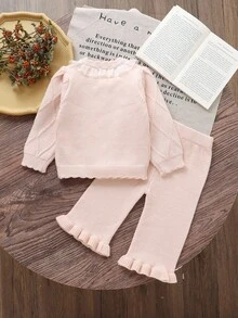 SHEIN Vintaside Kids 女婴休闲时尚可爱粉色针织长袖开衫和针织阔腿长裤两件套。柔软舒适,适合日常穿着和旅行。 - 淺粉色 - 查看 10