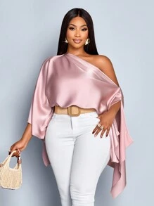 SOLERSUN 大码女装秋冬时尚通勤约会优雅单肩宽松粉色缎面衬衫不规则方角下摆露肩购物派对假日蝙蝠衫时尚二合一防眩光披肩元素亮片衬衫毕业衬衫女式秋冬服装手帕下摆 - 藕粉色 - 查看 4