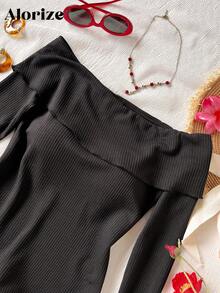 Tween Girl Solid Color One-Shoulder Long Sleeve Ribbed Ruffle Hem Jumpsuit Fall Winter - Black - View 4