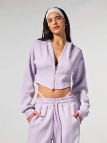 Fluxe Casual Solid Color Knit Cropped Long Sleeve Fitted Hooded Women Sweatshirt Jacket In Fall/Winter - Mauve Purple - View 1