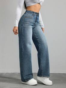 SHEIN ICON Women's Solid Color Casual Versatile Pocket Wide Leg Jeans - Dark Wash - View 6