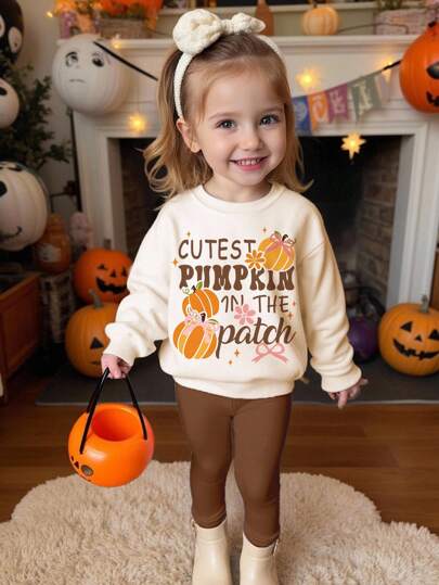 SHEIN Happikins Baby Girl Cream White Autumn Graphic Sweatshirt & Leggings Set,Cute Pumpkin & Bow Print,Matching Family Halloween Outfits,Cozy Thick Pants