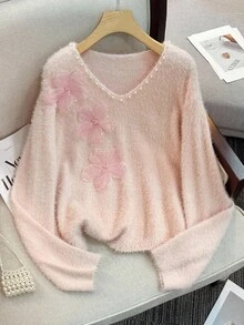 GlowEve 秋冬优雅3D串珠花卉V领铆钉柔软舒适针织套头衫女士 - 粉色 - 查看 4