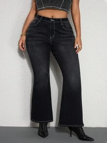 ROMWE Grunge Punk Jeans évasés grande taille avec imprimé croix gothique et ornements de strass
