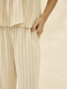 Aralina Fall/Winter 2pc Striped Off The Shoulder Ruched Strapless Top And Elastic Waistband Pants Stripe Set For Christmas Day Outfit And Wedding Guest - Multicolor - View 4