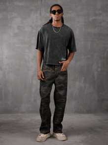 PAVTROS 年轻男士时尚，街头复古 T 恤，针织圆领，宽松剪裁，简约标语印花，做旧水洗风格，展现休闲街头风，适合日常休闲、街头服饰、文化活动、户外运动、校园服饰、节日礼物 - 黑色 - 查看 4