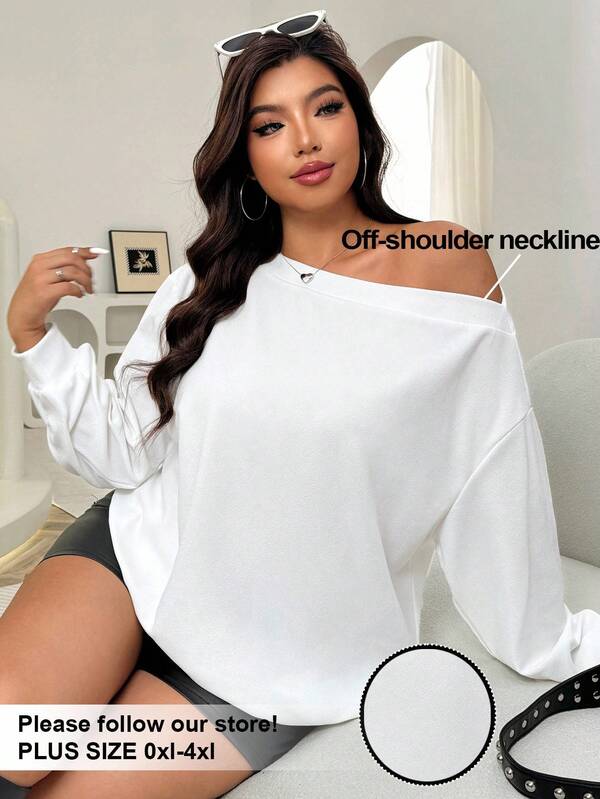 Solflare Moletom feminino plus size cor sólida ombro caído manga comprida casual solto