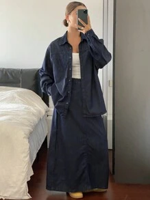 Livesso 秋冬新款宽松休闲都市风女牛仔两件套 - 藍色 - 查看 4